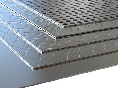 çelik levha irili ufaklı kümesi. Metal üreticisi görüntüsü. 3D çizim