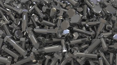 Dağınık cıvata kümesi. Dişli cıvata kapatın. 3D çizim.