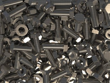 Montaj kiti. Metal bağlantı elemanları kümesi. Cıvata Somun ve pullar dişli bağlantı elemanları öğretim görüntüsü. 3D çizim.