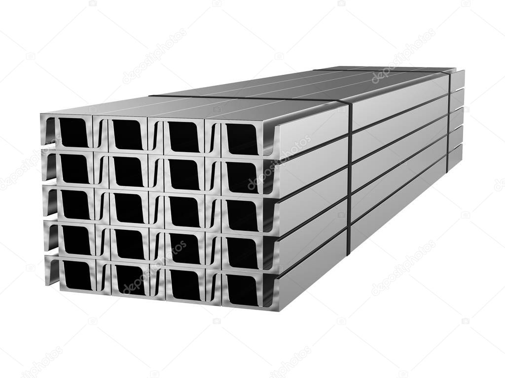 Galvanized steel channel. Sale of rolled metal products. 3d rendering