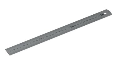 Demir cetvel üzerinde beyaz izole. Metin veya görüntü için kopya alanı, fikir kavramı gösterisi uzunluğunu maddenin birim için santimetre olduğunu. 3D çizim