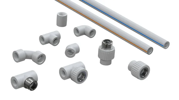 Conjunto de tubos de polipropileno e conectores. Imagem para acessórios de canalização de publicidade. Renderização 3D . — Fotografia de Stock