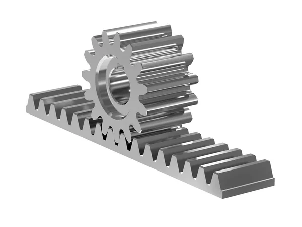 Rack gear. Image of a rack with a rolling gear wheel. Sliding gate mechanism. Educational image. 3D rendering — Stock Photo, Image
