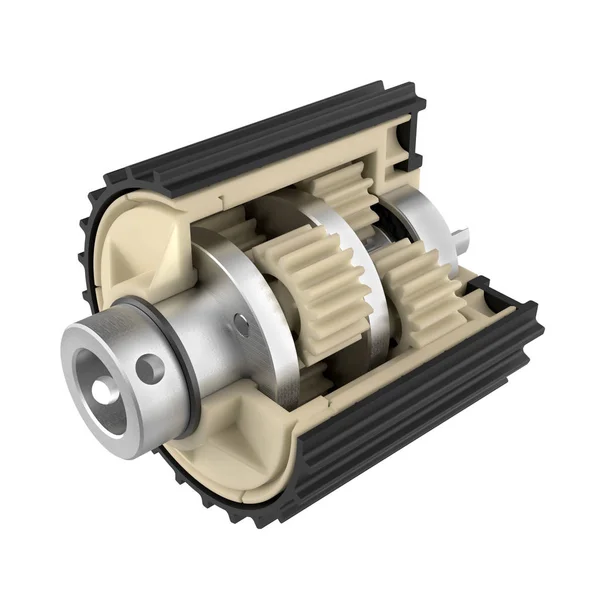 De reducer van de planetaire versnelling in de cut. Educatieve hulp over het apparaat van mechanisering. Kunststof tandwielen. 3D-rendering. — Stockfoto