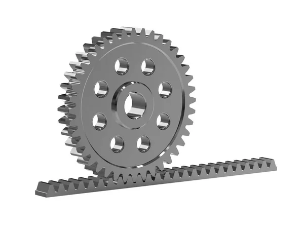 Rek de versnelling. Afbeelding van een rack met een rollende gear wheel. Glijdende mechanisme van de poort. Educatieve beeld. 3D-rendering — Stockfoto