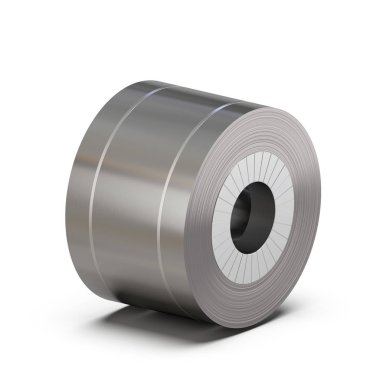 levha çelik rulo paketleme bandı ile sarılmış. Metal haddeleme üretimi. 3B işleme.
