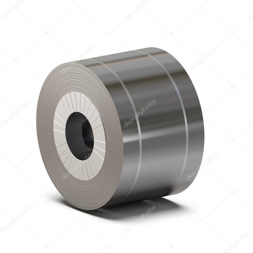 sheet steel roll wrapped with packing tape. Metal rolling production. 3D rendering.