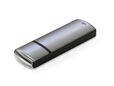 Beyaz arka planda USB flash sürücü. Şık bir pakette bellek kartı. Demir bir kasa içinde bir flash sürücü. 3D Illustration