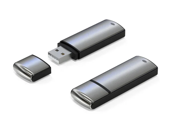 Chiavetta USB su sfondo bianco. Scheda di memoria in un elegante pacchetto. Una chiavetta USB in una cassa di ferro. Illustrazione 3D — Foto Stock