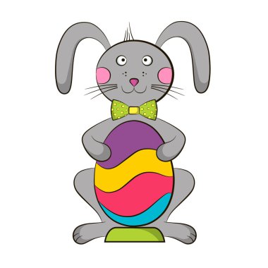 Easter Bunny çok renkli bir yumurta tutuyor. Paskalya tatili için yumurtalarla rüzgarlı bir tavşan Illustration.
