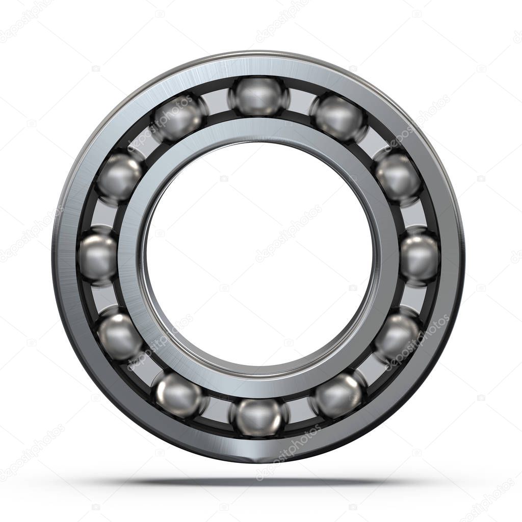 Radial ball bearing with caliper close-up. Ball bearing assembly. 3D rendering.