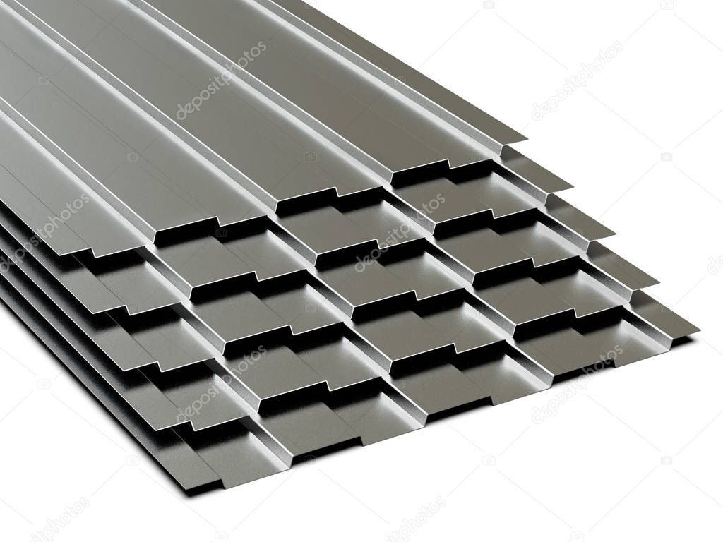 Steel profiled sheets stacked in stack. Sale of steel assortment. 3D Rendering