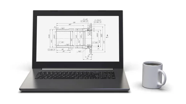 Laptop och mugg med kaffe isolerad på vit bakgrund. Bild med urklippsbana. 3D-rendering. — Stockfoto