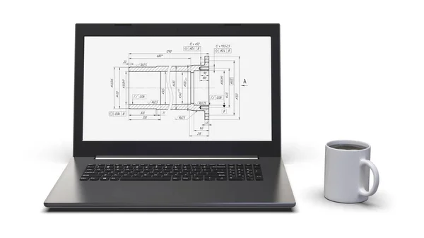 Laptop και κούπα με καφέ απομονώνεται σε λευκό φόντο. Εικόνα με διαδρομή αποκοπής. απόδοση 3D. — Φωτογραφία Αρχείου