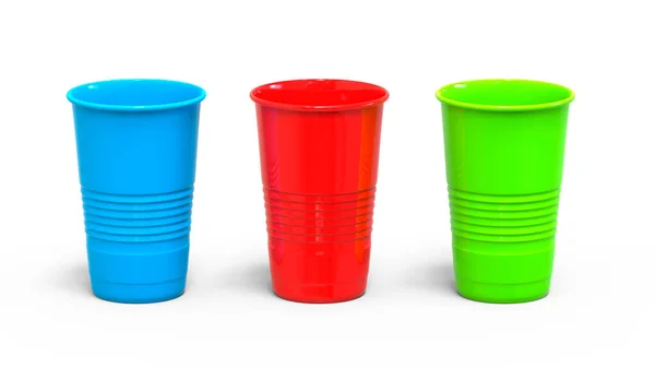 Conjunto de copos descartáveis de plástico multicolorido. Renderização 3D — Fotografia de Stock