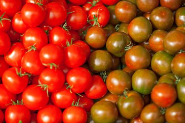 taze, parlak kırmızı ve yeşil domateslere haftalık Pazar,-ebilmek var olmak kullanılmış arka plan olarak 
