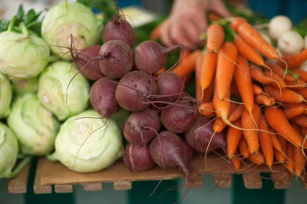 Färska Rotfrukter Den Veckovisa Marknaden Kan Användas Som Bakgrund — Stockfoto