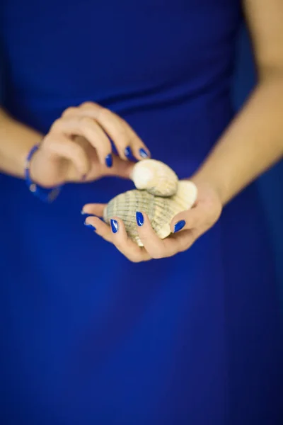 Mulher Bonita Vestido Azul Segurando Algumas Conchas Suas Mãos Close — Fotografia de Stock