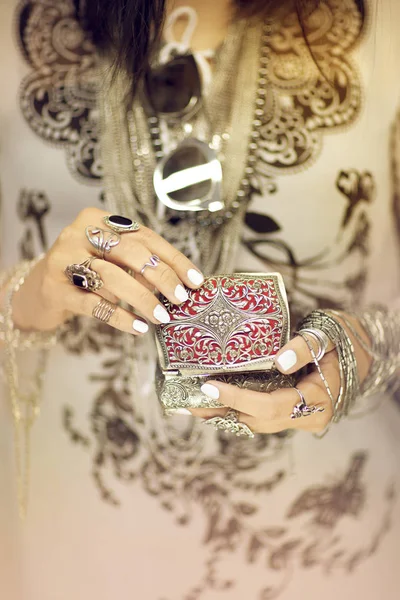 Beautiful Woman Hands Holding Vintage Jewelry Box Hand Perfect Nail — Stock Photo, Image