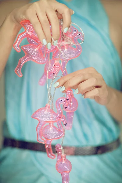 Beautiful Woman Hands Perfect Nail Polish Holding Flamingo Lights Camera — Stock Photo, Image