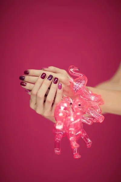 Mãos Mulher Bonita Com Perfeito Esmalte Unhas Rosa Segurando Luzes — Fotografia de Stock