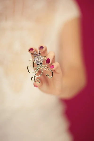 Mooie Vrouw Handen Met Perfecte Roze Nagellak Houden Weinig Octopus — Stockfoto