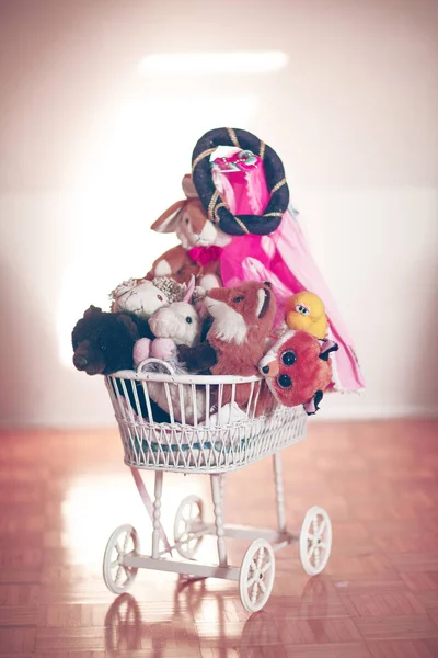 Adorable Small Doll Carriage Many Stuffed Animals Princess Room — Stock Photo, Image