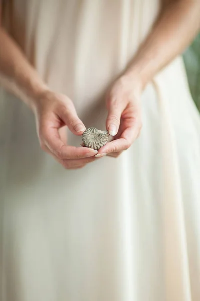 Woman Hand Holding Little Fossile Ammonite Sensual Studio Shot Soft — Stock Photo, Image