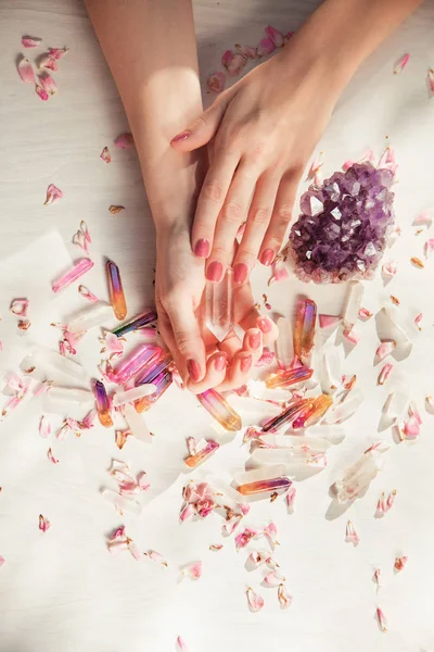 Beautiful Woman Hands Perfect Violet Nail Polish White Wooden Background — Stock Photo, Image