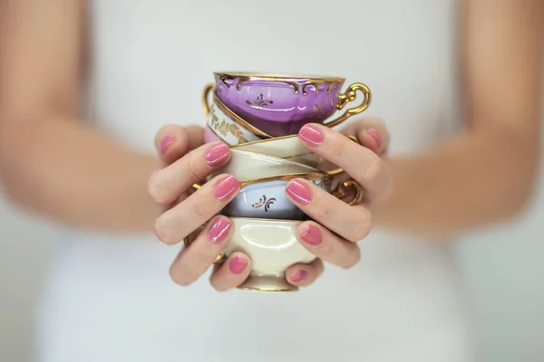 Beautiful Woman Hands Perfect Pink Nail Polish Holding Little Vintage — Stock Photo, Image