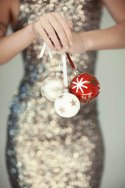 Woman Hands Close Holding Christmas Decoration Baubles Front Beautiful Woman — Stock Photo, Image