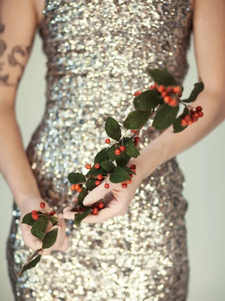 Woman Hands Close Holding Christmas Decoration Branch Red Berries Front — Stock Photo, Image