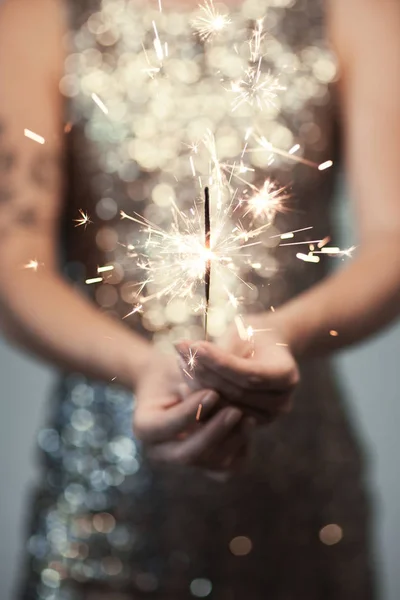 Woman Glitter Dress Holding Sparkler Close Hands Romantic Look Can — Stock Photo, Image