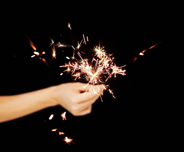 Beautiful Woman Hands Holding Sparkler Lights Front Black Can Used — Stock Photo, Image