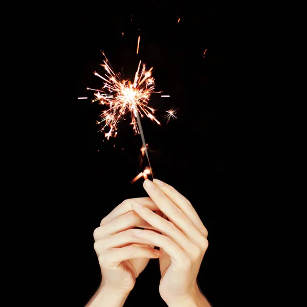 Beautiful Woman Hands Holding Sparkler Lights Front Black Can Used — Stock Photo, Image