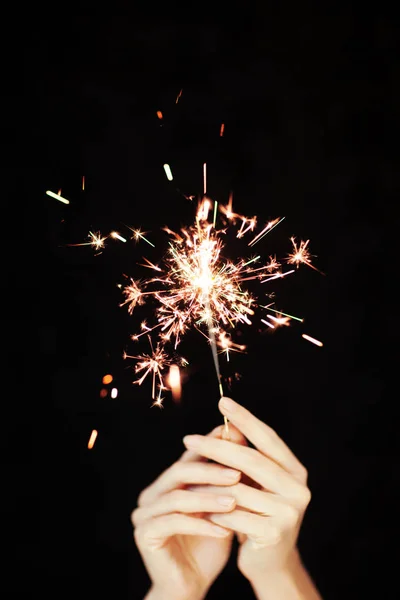 Beautiful Woman Hands Holding Sparkler Lights Front Black Can Used — Stock Photo, Image