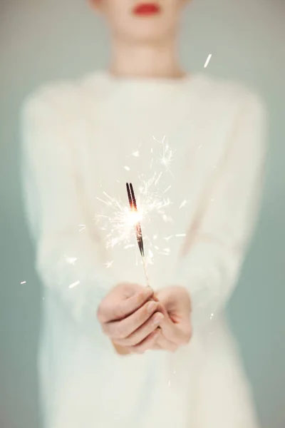 Beautiful Woman Hands Holding Sparkler Lights Cozy Bright Winter Sweater — Stock Photo, Image