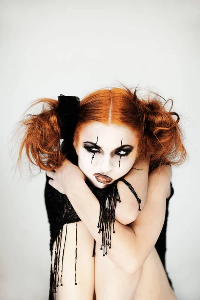 Beautiful Cute Woman Halloween Make Red Hair Poses Front White — Stock Photo, Image