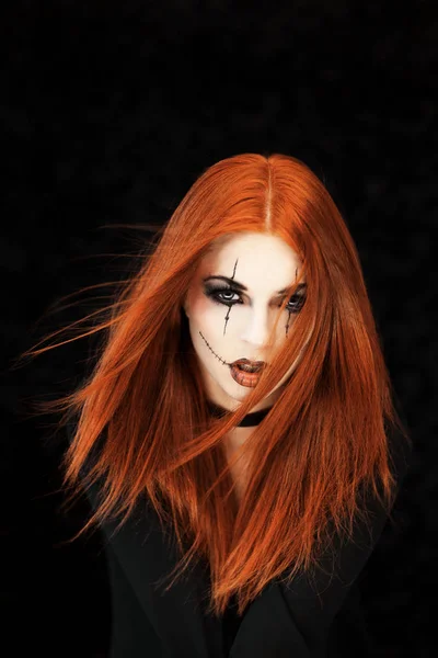 Beautiful Young Woman Halloween Make Red Hair Poses Front Black — Stock Photo, Image