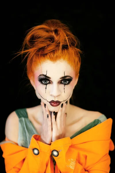 Beautiful Young Woman Halloween Make Red Hair Poses Front Black — Stock Photo, Image