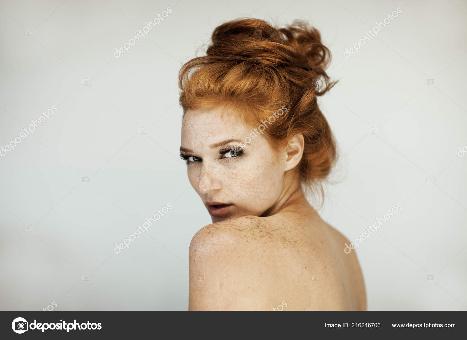 Portrait Beautiful Young Woman Long Red Curly Hair Freckles