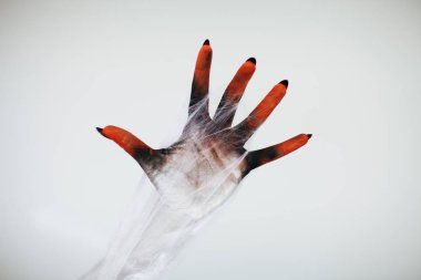 Korkunç Halloween canavar cadı el ile beyaz, kırmızı ve siyah makyaj ve uzun tüyler ürpertici tırnakları ve beyaz arka plan önünde spiderweb
