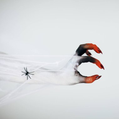 Korkunç Halloween canavar cadı el Beyaz, kırmızı ve siyah makyaj ve uzun tüyler ürpertici tırnakları ve örümcek spiderweb beyaz arka plan önünde ile 