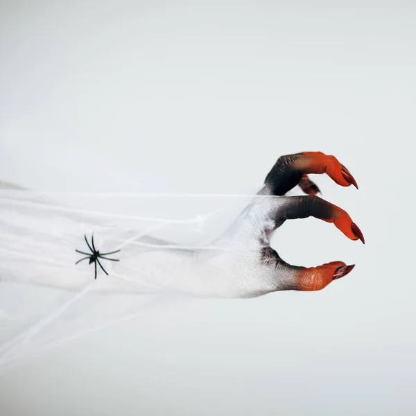 Mão Bruxa Monstro Assustador Halloween Com Branco Vermelho Preto Compõem — Fotografia de Stock