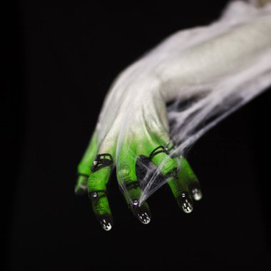 Örümcek ağı ile yeşil ve beyaz ürpertici Halloween el, siyah arka planda zombi el