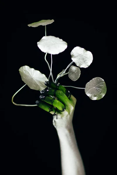 Creepy Halloween Hand Green Silver Plant Zombie Hand Black Background — Stock Photo, Image
