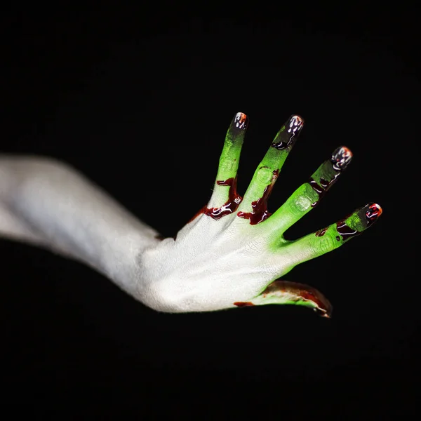 Läskig Halloween Hand Grönt Och Vitt Med Blod Zombie Hand — Stockfoto
