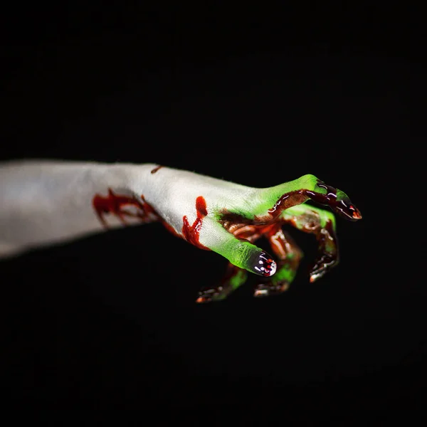 Inquietante Mano Halloween Bianco Verde Con Sangue Mano Zombie Sfondo — Foto Stock