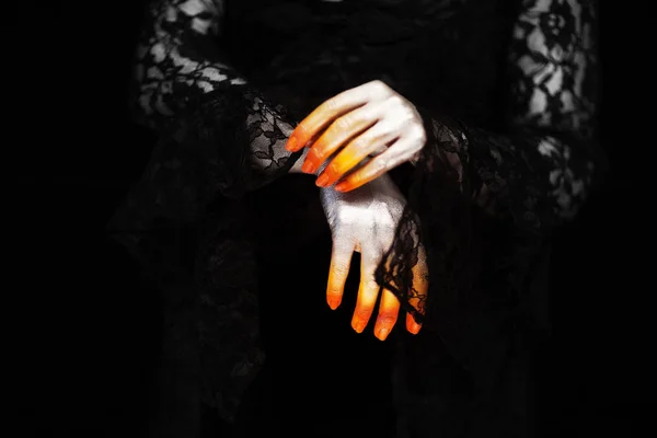 Creepy Halloween Vampire Hands Close Red Orange Silver Black Can — Stock Photo, Image