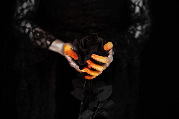 Creepy halloween vampire hands close up in red orange and silver holding black rose, can be used as background